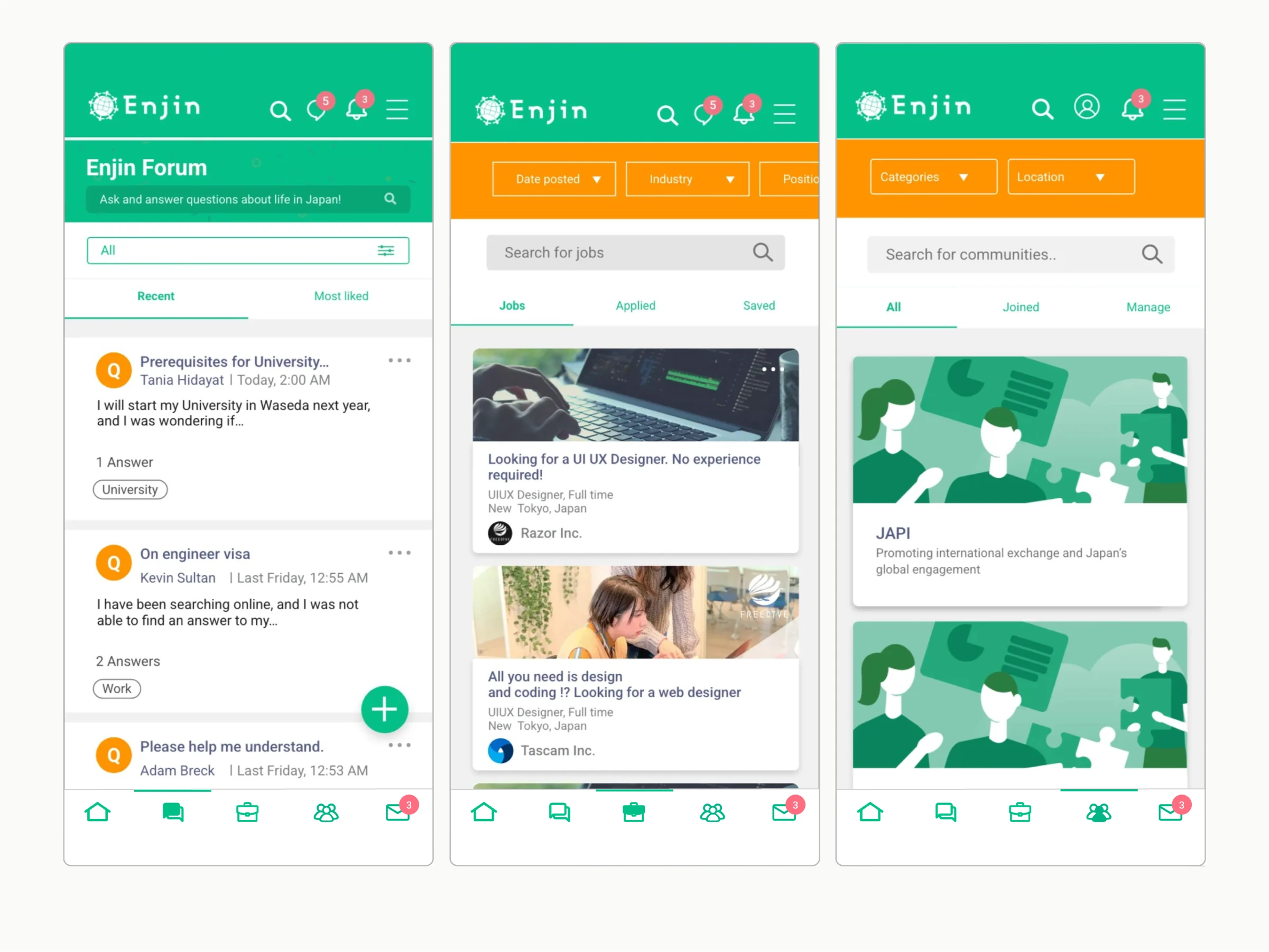 Enjin original UI: Forum, Career, and Community sharing the same visual language