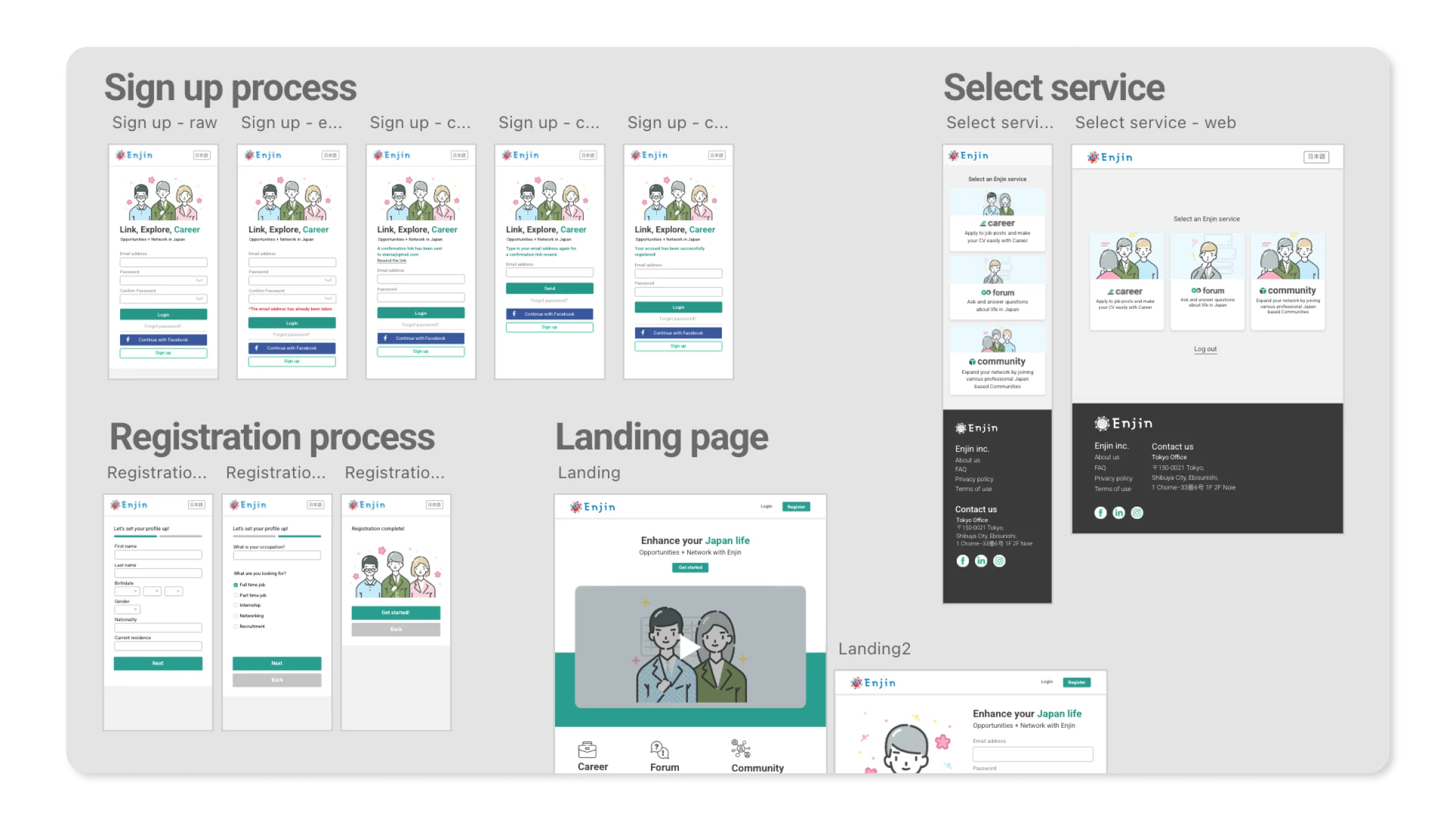 Enjin design file: sign up flow, registration, landing page, service selection