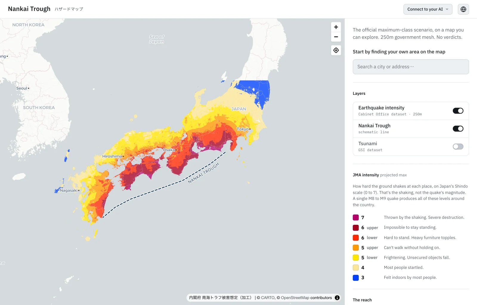 The live Nankai Trough hazard map in English, earthquake intensity layer active over Japan