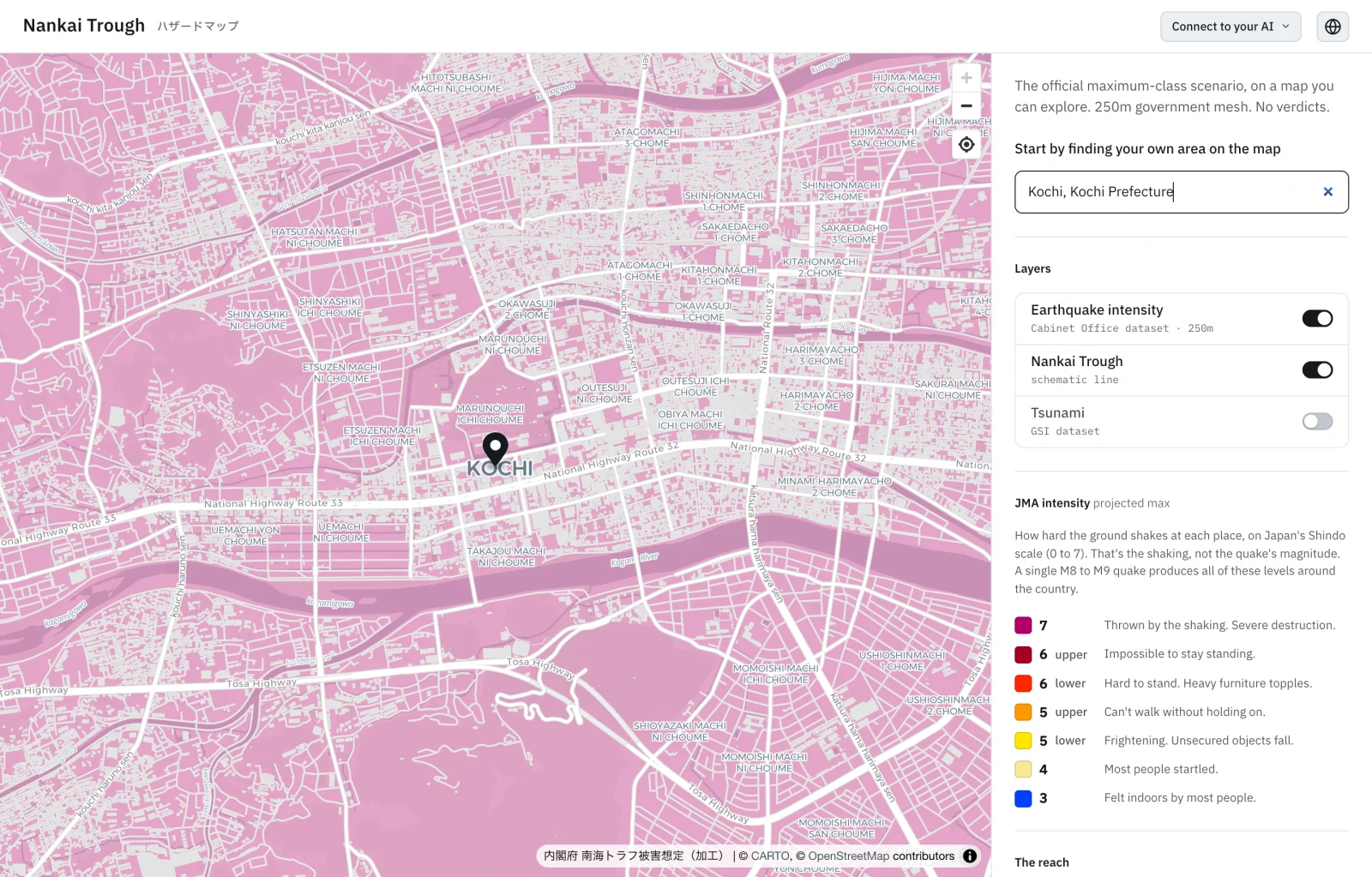 The map zoomed to Kochi after an address search, the whole city rendered in its projected earthquake intensity