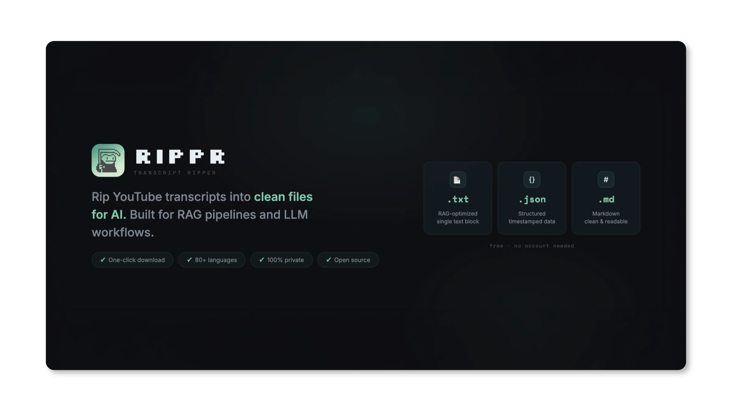Rippr YouTube transcript tool for AI agents