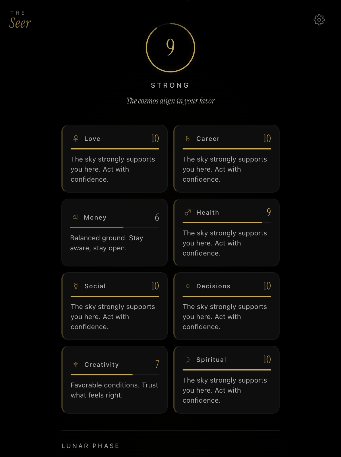 The Seer cosmos dashboard